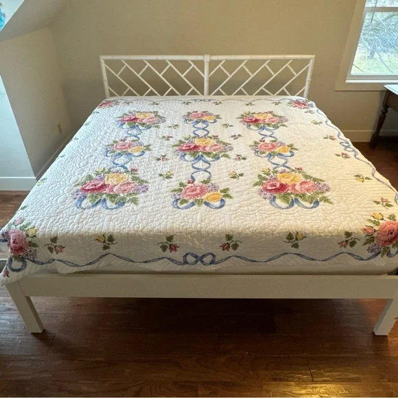 Vintage Quilt Embroidered Handsewn Cross Stitch Bedspread Flowers Ribbons 84x84” - Picture 2 of 13